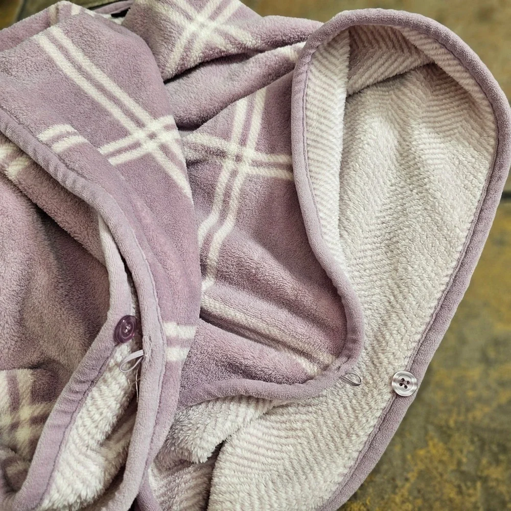 Cuddl Duds Mauve Plaid Fleece Wrap Poncho Oversized L/XL Open Front Side Buttons